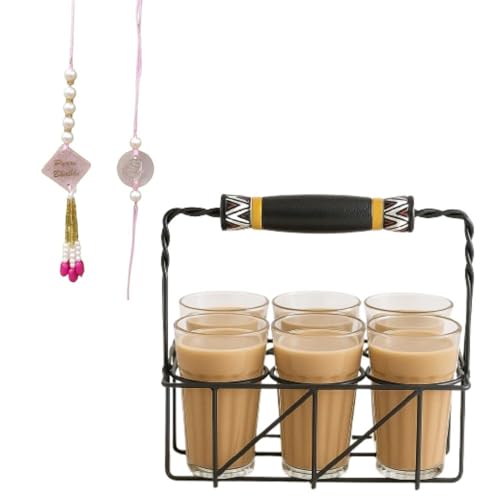 ARTYSTA BEAUTIFYING LIVES 'Tribal Transparent' Cutting Chai Glass Set with Rakhi and Lumba Combo | Rakhi for Bhai and Bhabhi | 6+1 Tea Glasses with Handpainted Iron Stand (120ml)