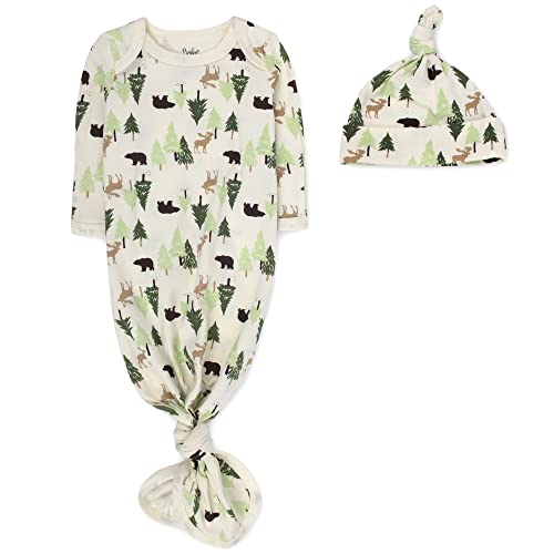 Image of Baby Girl, Boy Knotted Infant Sleeper Gown with Headband or Hat, Baby Coming Home Outfit for Boy Girl Fall Winter 0-6 Months (Wonderous Woods)