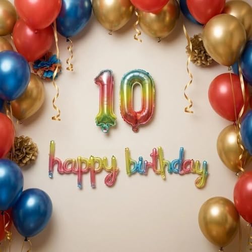 Image of Number 10 Balloon Foil Mylar Balloons for Birthday Party Decoration (Rainbow, 16 Inch)