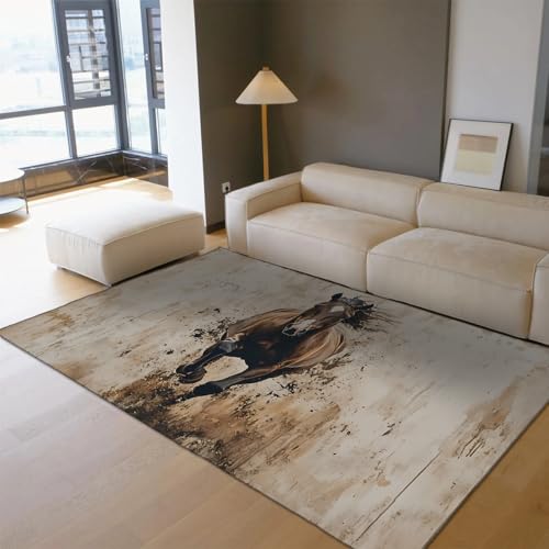HOBBOY Tapices Vintage 60 x 90 cm Caballo marrón galopando sobre Fondo Beige y Gris salpicado Alfombras Pelo bajo para decoración Oficina en el salón