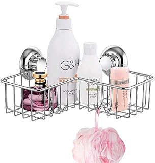 MaxHold No-Drilling/Suction Cup Deep Corner Storage Basket with 4 Hooks - Vaccum System - Stainless Steel Never Rust - for Bathroom & Kitchen