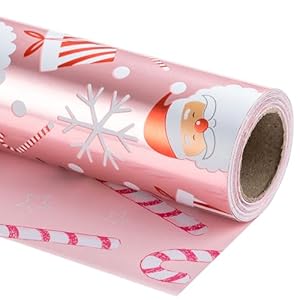 LeZakaa Reversible Christmas Wrapping Paper Roll – Metallic Foil with Santa Claus & Candy Cane in Pink – 17 inches x 32.8 Feet (46.45 sq.ft.)