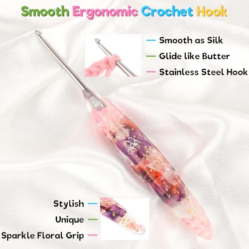 Image of Katech 2.5mm Crochet Hook for Arthritic Hands,Hand-Polished Stainless Steel | Ergonomic Crochet Hooks with Customized Sparkle Dried Floral Grip, Smooth Tapered Hook-Crochet Gift for Beginner & Crocheter