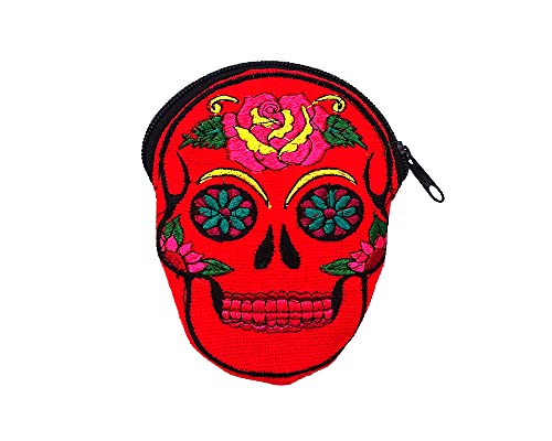 Day of the Dead Sugar Skull Shaped Floral Embroidered Coin Purse Pouch - Womens Fashion Handmade Bags Boho Travel Accessories (Red)
