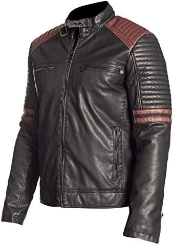 Image of Men's Leather Jacket Cafe Racer Biker Style Retro Stripes Jacket, Motorcycle Racing Leather Jacket Men