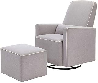 DaVinci Olive Upholstered Swivel Glider with Bonus Ottoman in Grey with Cream Piping