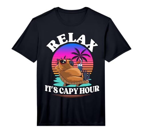 Mens Relax It’s Capy Hour Retro Sunset Funny Capybara Chilling Performance T-Shirt