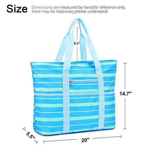 Ledaou Large Beach Tote Bag Women Beach Bag Waterproof Sandproof Pool Bag With Zipper Travel Gym Tote Bag (Blue Stripes) #TOP5