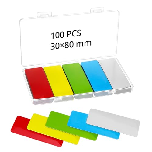 QWORK® Set de 100 Etiquetas Magnéticas 80x30mm, Imanes Reutilizables en 5 Colores para Pizarras Blancas, Refrigeradores y más