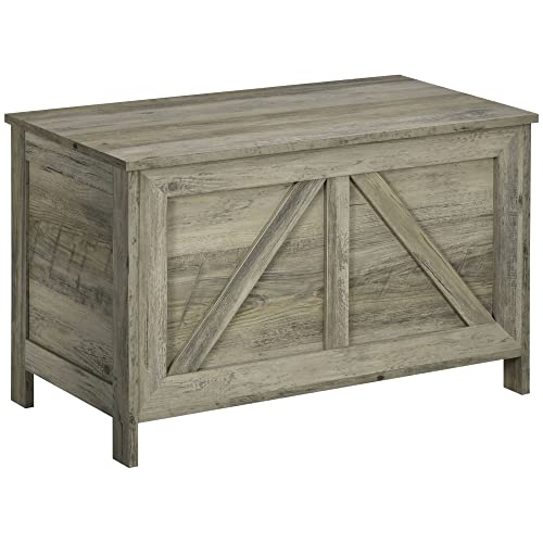 HOMCOM 30" Farmhouse Storage Chest, Lift Top Box Organizer with Safety Hinge to Open Up 150° for Bedroom, Entryway, Living Room, Gray