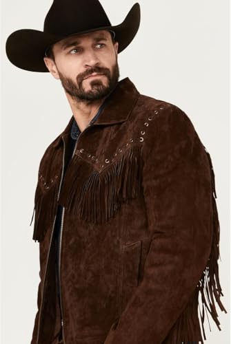 Western Cowboy Suede Jacket Men Traditional Buckskin Native American Beaded Brown Real Leather Fringe Jacket2