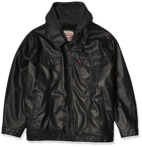 Levi's Men's Big & Tall Vintage Deer Faux Leather Sherpa Lined Trucker Hooded Jacket, Black, 3X Big