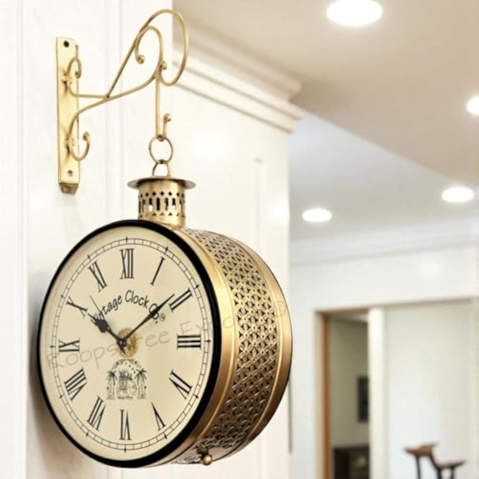 Handcrafted Double Side Analog Wall Clock, Brass Finish