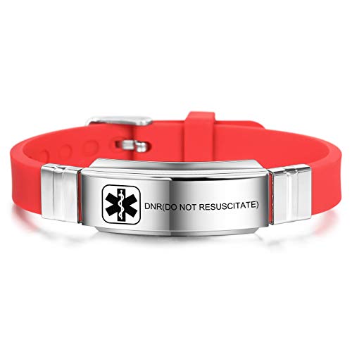 MOWOM Medical SOS Notfall Armband Personalisiertes Gravur Silikon Edelstahl Namensarmband Männer Damen Jungen Mädchen - Bündel mit Notfallkarte, Kartenhülle (Rot DNR(Do Not Resuscitate))