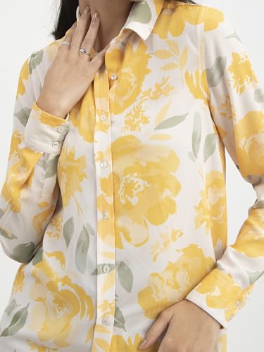 Image of FableStreet Women Shirt | Striped Long Sleeve Polo Collar Button Down | Breathable Linen Blend Fabric | Business Casual & Formal Wear