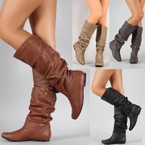 Women's Slouchy Knee High Boots Fall Winter Flat Wide Mid Calf Booties Comfy Slip On Riding Boot Shoes4