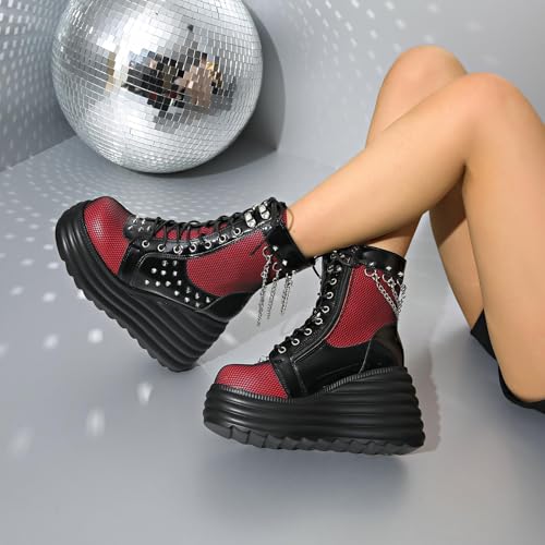 Women's Gothic Combat Ankle Boots Chain Buckle Lace Up Round Toe Platform Chunky Wedge Booties Punk Motorcycle Boots3