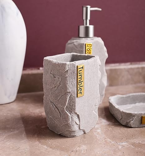 Hymmah Bathroom Accessories Set,Marble Design Toothbrush Holder,Farmhouse Bathroom Decor,4 Pcs Resin Gift Set Apartment Necessities, Contain Toothbrush Cup,Soap Dispenser,Soap Dish,Tumbler