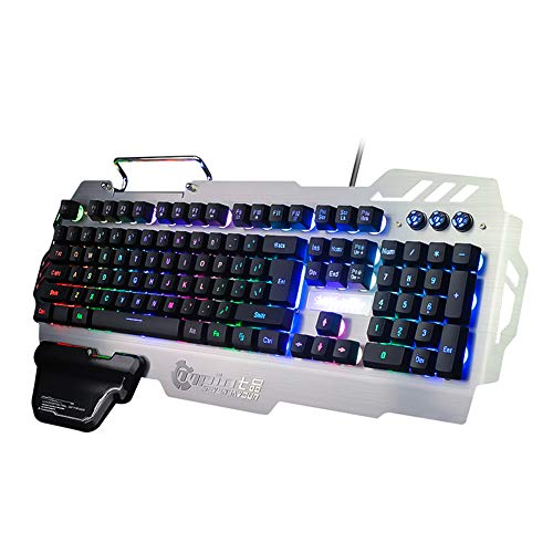 Colorful Backlit Gaming Keyboard - FN Multi-Functional Combination, Metal Mobile Phone Holder, Ergonomic Hand Rest, Waterproof, Suitable for Windows PC Gamers and Offices (Metal Keyboard)