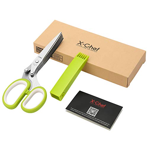Herb Scissors, X-Chef Multipurpose 5 Blade Kitchen Herb Shears Herb Cutter With Safety Cover And Cleaning Comb For Chopping Basil Chive Parsley (Green) #TOP7