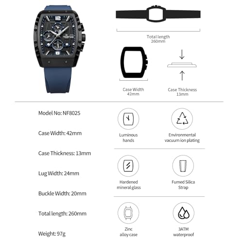 NAVIFORCE Men Quartz Watch Auto Date Week Business Dress Analog Wrist Watches BBE, black+Blue, classic style NF8025-BBEBE