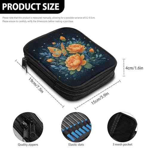 Image of Vanideaoty Yellow Butterfly Crochet Storage Organizer with Web Pockets Floral Knitting Needle Storage Holiday Portable Crochet Hook Case for Holiday Decor