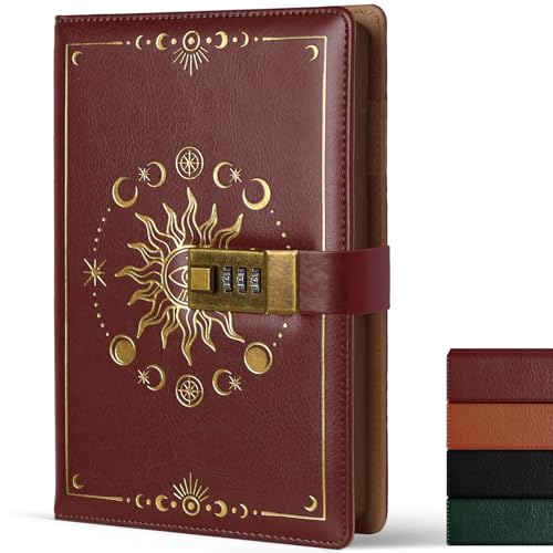 HEYPLACE Diário pessoal com cadeado, A5 224 páginas de couro vermelho pautado diário protegido por s