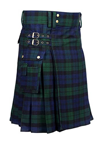 Scottish Designer Tartan Utility Kilts for Men 8 Yard 13oz Kilt (Black Watch Tartan Belly Button Measuremnets 32)
