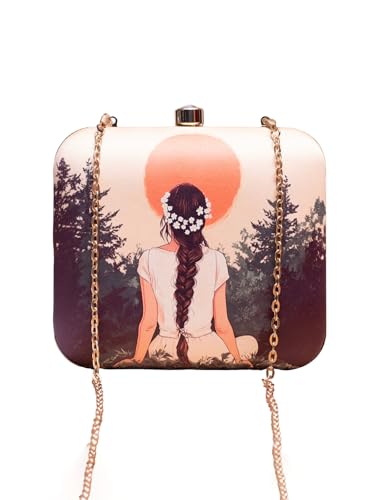 Image of Artklim Printed Box Clutch for Girls - Cross Body Purse with Detachable Golden Chain Strap