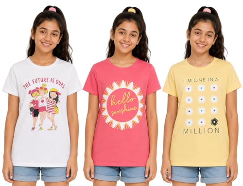 Image of Clotth Theory Girls Super Combed Cotton Regular Fit Round Neck Printed Short Sleeve Tshirt -Combo Pack of 3
