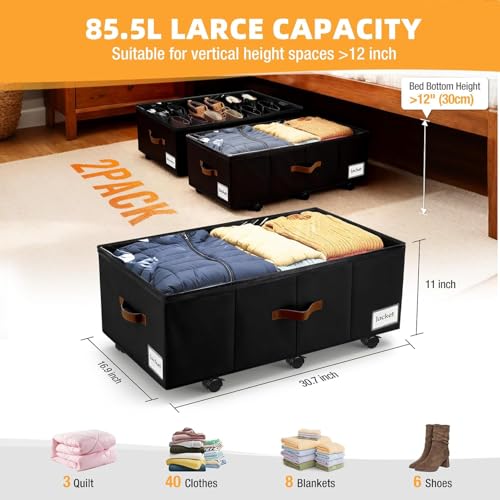 Image of Under Bed Storage with Wheels,Underbed Storage with Sturdy Sidewalls /Bottom, Clear Cover, Label and PU Handle, Rolling Under Bed Drawers for Clothes, Shoes, 11 Inch Height,Black, 4 Pack