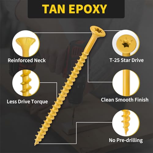 Image of Wood Screws 4 Inch, FIXLINK Deck Screws #10 x 4, 105 PCS, Epoxy Coated, T25 Star Bit Above 1500 Hour Salt Spray Coating Outdoor Decking Screws Excellent Rust Resistant for Wood Fence, Tan
