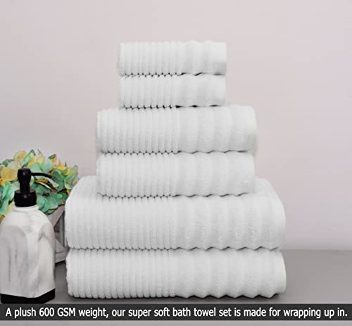 Cotton Craft 6 Piece Towel Set - Sculpted Super Zero Twist Plush 100% Cotton Ribbed Bathroom Towel Set - Soft Absorbent Textured Luxury Hotel Spa Gift - 2 Bath Towel, 2 Hand Towel, 2 Washcloth - White #TOP4