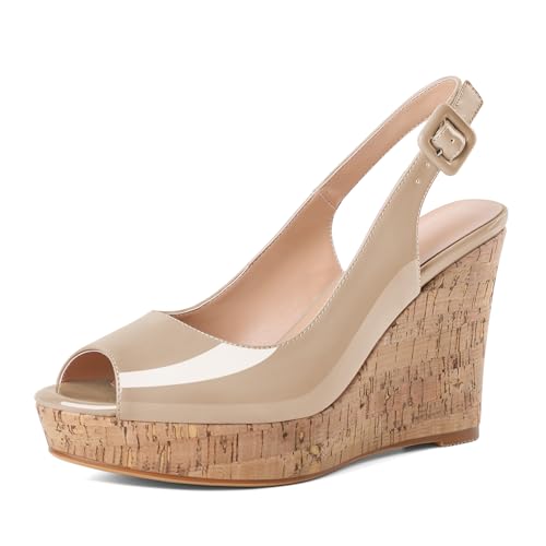Mettesally Womens Slingback Heels High Wedge Platform Sandals Peep Round Toe 3.9 Inch Cork Sole Pumps Elegant Summer Office Dress Shoes
