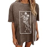 Migxsaf Oversized Graphic Tees for Women Black Vintage Skeleton Skull Shirts Cotton Baggy Crew Neck T Shirt Grunge Loose Tops(Coffee,S)