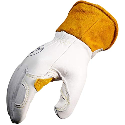 Caiman Premium Goat Grain Tig/Mig Welding Gloves With Wool Insulated Back, Scalloped Cuff, Boarhide Palm, Unlined, Reinforced Thumb, Kevlar, Kontour Design, White/Gold, Small (1871-3) #TOP6