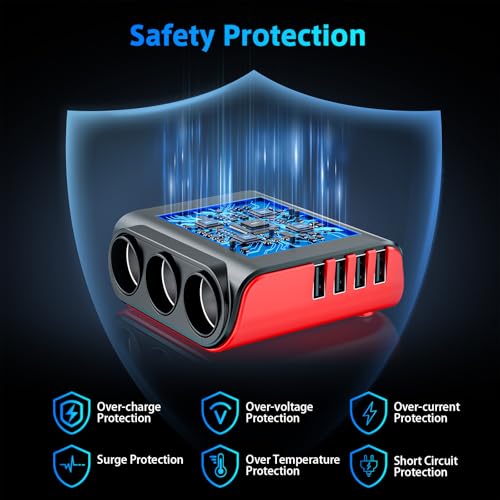 Image of 7 in 1 Cigarette Lighter Splitter, SONRU 3 Sockets Cigarette Lighter Splitter with 4 Fast Charging USB Ports, 120W 12V /24V DC Independent Power Switches & LED Voltage Display for All Car Devices