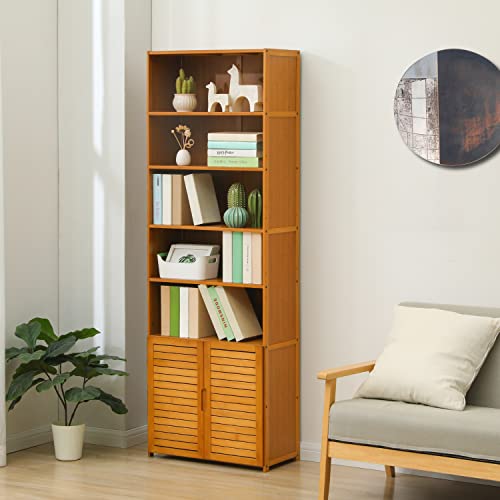 Monibloom 7 Tier Bookcase With Shutter Doors Bamboo Free Standing Display Shelf Organizer Stand For Home Office Living Room, Brown #TOP2