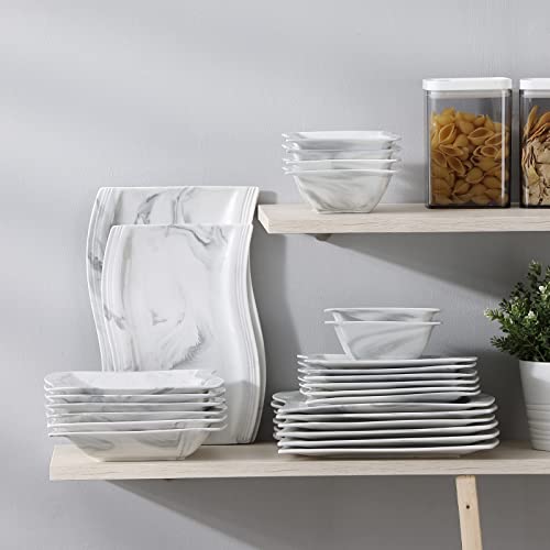 Malacasa Dinnerware Sets For 12, 60-Piece Porcelain Square Plates Dinnerware Set, Marble Grey Dish Set With Plates And Bowls Sets, Cups And Saucers, Modern Dinner Set Microwave Safe, Series Flora #TOP7