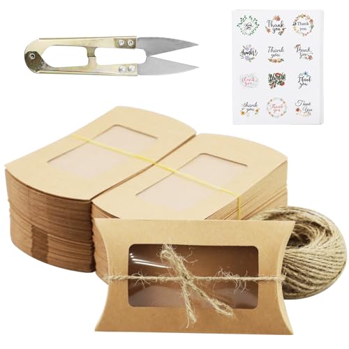 50pcs Cajas de regalo para cojines, 14,5 x 7,5 cm, caja de papel de estraza para regalo, cajas pequeñas con pegatinas de agradecimiento, cuerda de yute para manualidades, invitaciones, regalos
