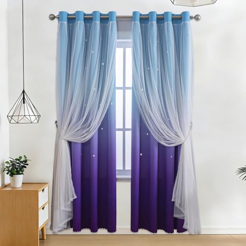 Anytime Dreamy Star Cutout Sheer Layered Blackout Curtains for Kids Bedroom