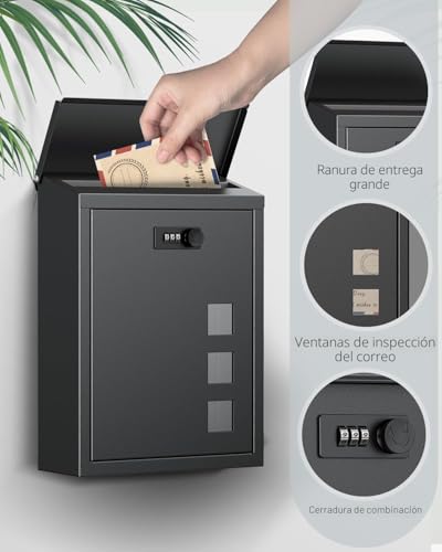 Miniatura 3 de Uniclife Buzón Grande, Buzones De Pared Para Exteriores, Buzones De Correo Con Cerradura De Combinación, Buzón De Seguridad Para Casa, Escuela, Oficina Y Exteriores, Color Negro