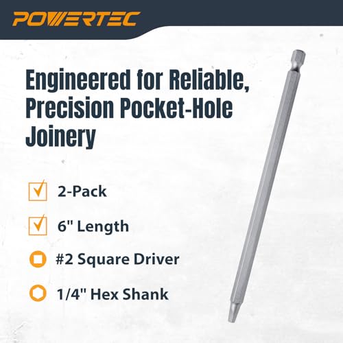 Image of POWERTEC 72259 6 Inch Square Driver Bit Set - #2 Square Head, 1 /4 inch Hex Shank, for Woodworking & Construction (2 Pack)