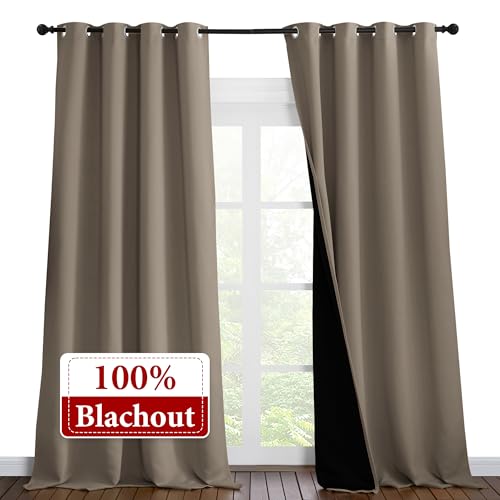 Image of NICETOWN 100% Blackout Blinds, Laundry Room Decor Window Treatment Curtains for Large Patio Sliding Door, Thermal Insulated Taupe Curtains for Bedroom, Set of 2, 55 inches x 102 inches