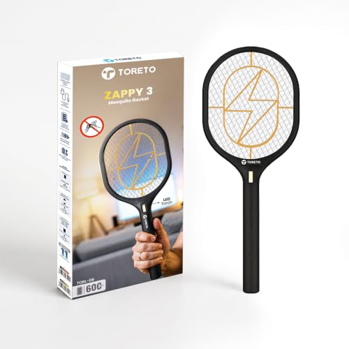 Image of Toreto Mosquito Bat, Mosquito Racket, Rechargeable, LED Torch, Type-C Fast Charging, Double Layer Safety Grill, Made in India | Electric Fly Swatter, Mosquito Killer Racquet Zappy 3 (Black+Yellow)