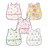 R HORSE 5Pcs Baby Toddler Bibs with Crumb Catcher Pocket & Snap Button Adjustable Waterproof Baby Feeding Bibs for Boys Girls 6-24 Months