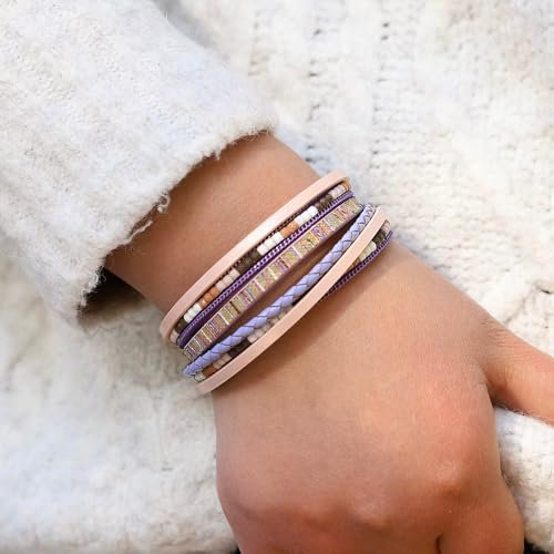 Image of Fesciory Leather Wrap Bracelets for Women, Boho Leopard Multi-Layer Crystal Beads Cuff Bracelet Jewelry