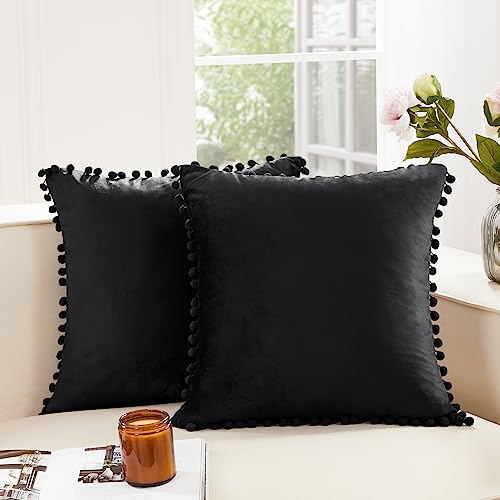 Deconovo Happy New Year Decorations, Velvet Throw Pillow Covers, Set Of 2, 18"X 18" Jet Black, Decorative Soft Farmhouse Square Pom-Poms Case For Sofa Bedroom #TOP4