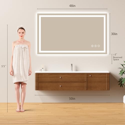 Image of 48x30 LED Bathroom Mirror with Lights - Dimmable, Anti-Fog, 3 Color Backlit & Front Lit Mirror for Bathroom, Shatter-Proof Tempered Glass, Easy Installation