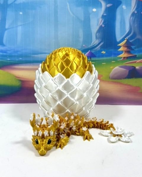 3D Printed Baby Dragon with Egg, 6" Articulated Gold Cherry Blossom Baby Dragon, Fidget ADHD Autism Toy BD004-GOLD-WGE